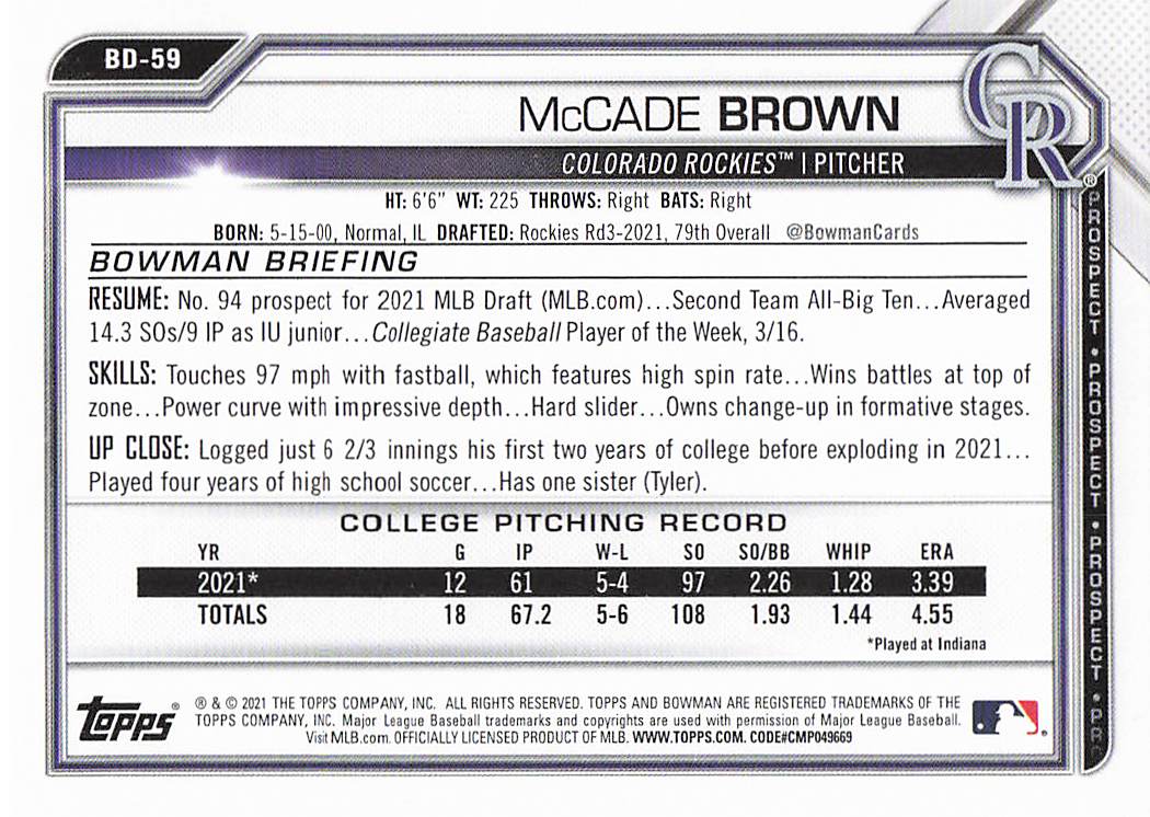 2021 Bowman Draft Baseball McCade Brown #BD-59