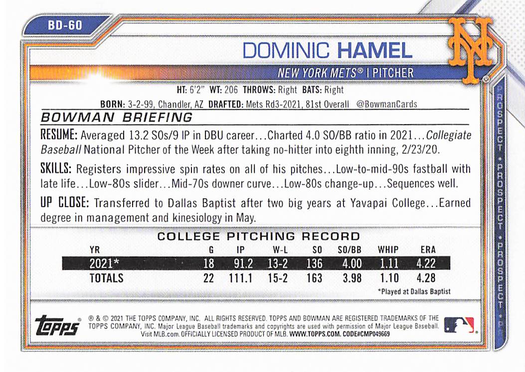 2021 Bowman Draft Baseball Dominic Hamel #BD-60