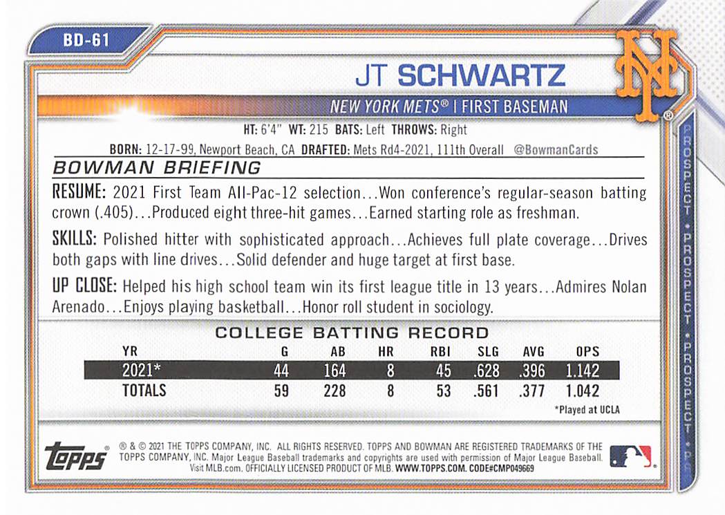 2021 Bowman Draft Baseball JT Schwartz #BD-61