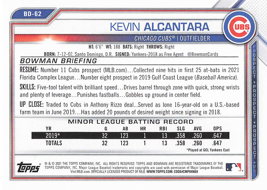 2021 Bowman Draft Baseball Kevin Alcantara #BD-62