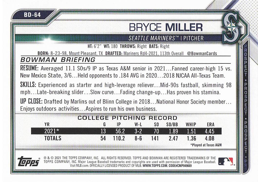 2021 Bowman Draft Baseball Bryce Miller #BD-64