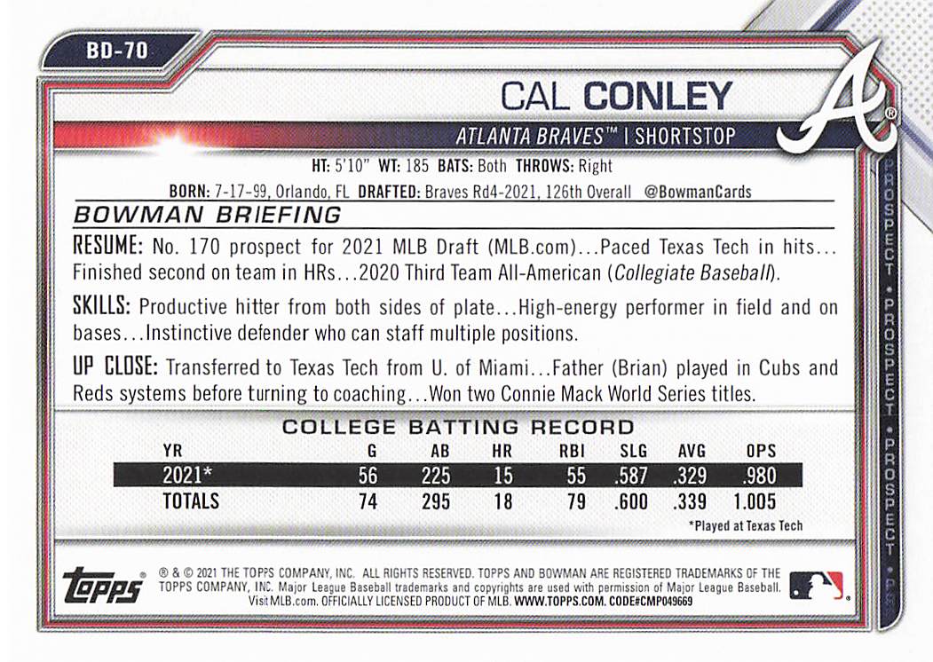 2021 Bowman Draft Baseball Cal Conley #BDC-70