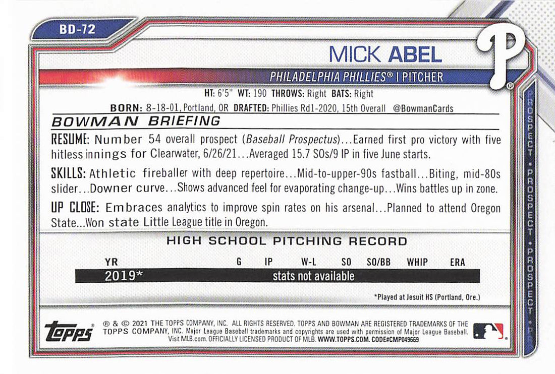 2021 Bowman Draft Baseball Mick Abel #BD-72