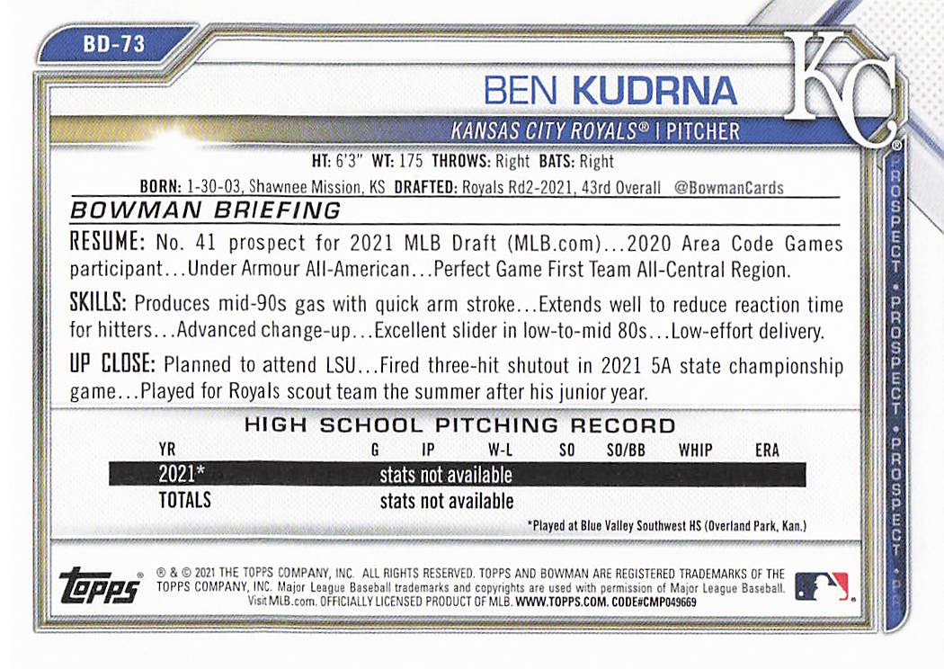 2021 Bowman Draft Baseball Ben Kudrna #BD-73