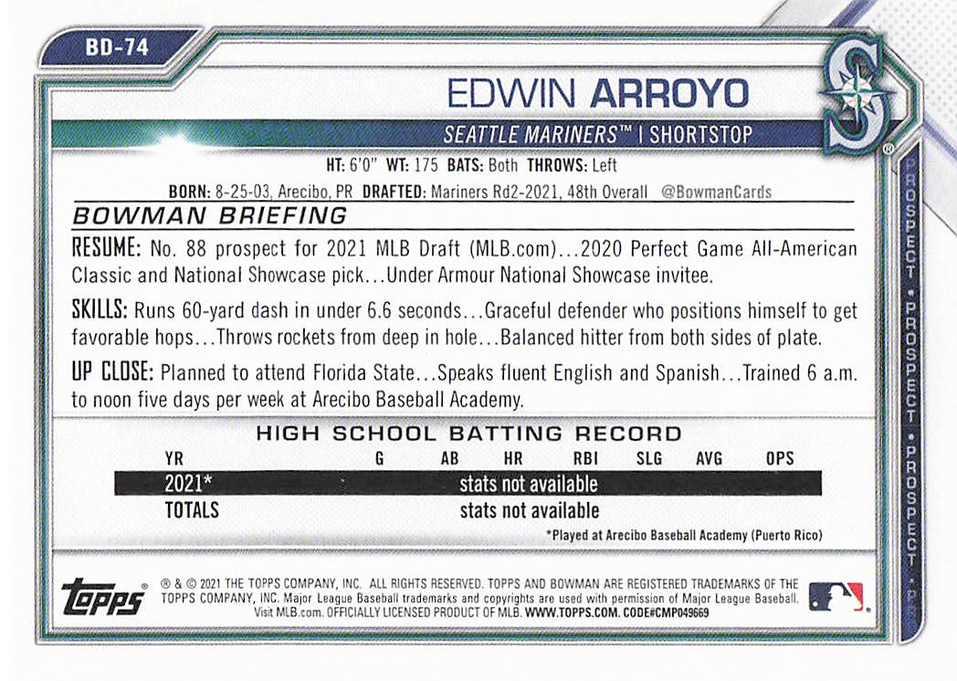 2021 Bowman Draft Baseball Edwin Arroyo #BD-74