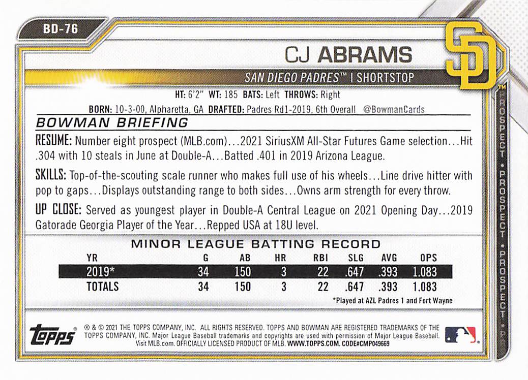 2021 Bowman Draft Baseball CJ Abrams #BD-76