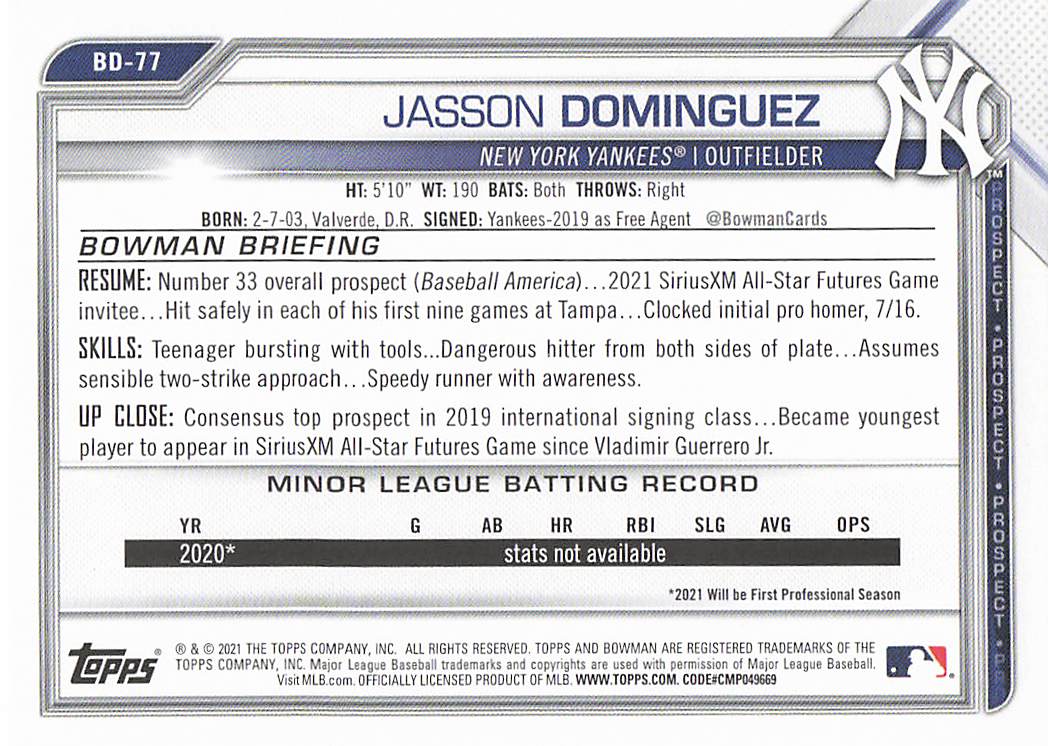 2021 Bowman Draft Baseball Jasson Dominguez #BD-77