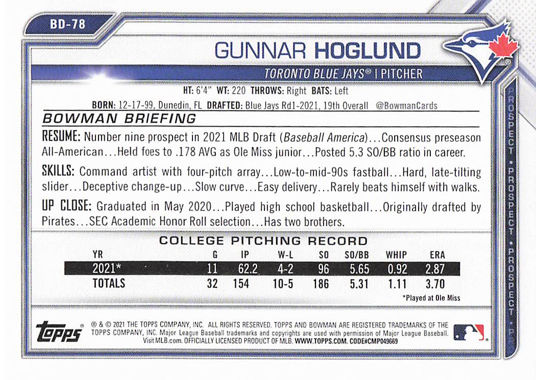 2021 Bowman Draft Baseball Gunnar Hoglund #BD-78