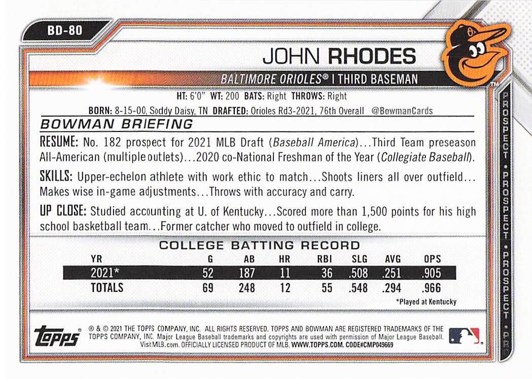 2021 Bowman Draft Baseball John Rhodes #BD-80