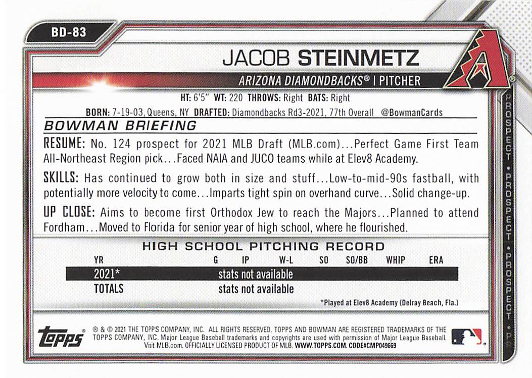 2021 Bowman Draft Baseball Jacob Steinmetz #BD-83