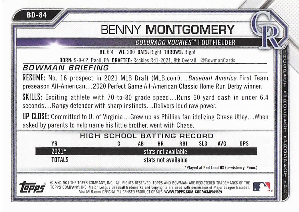 2021 Bowman Draft Baseball Benny Montgomery #BD-84