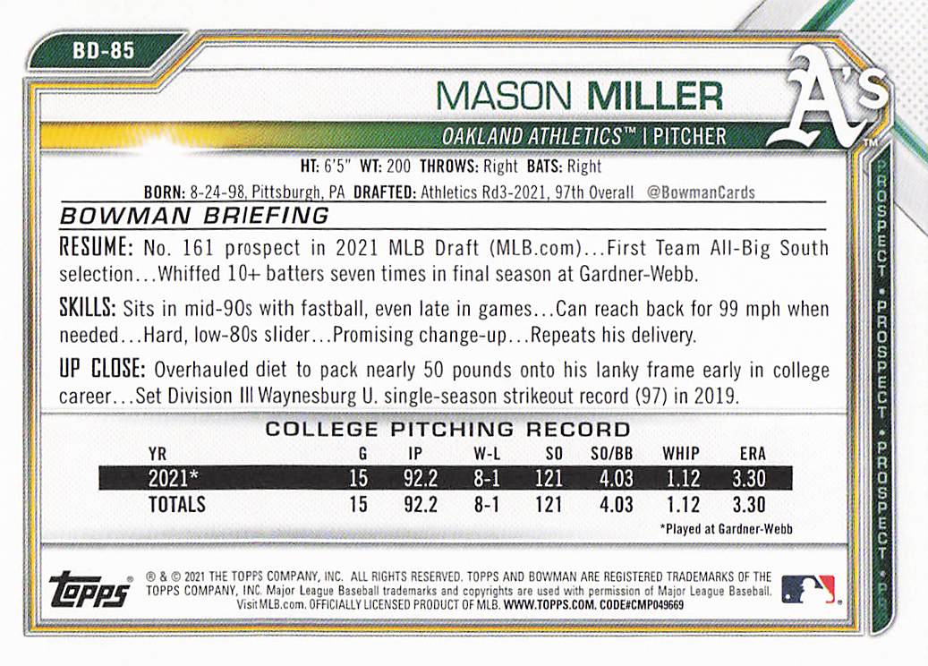 2021 Bowman Draft Baseball Mason Miller #BD-85