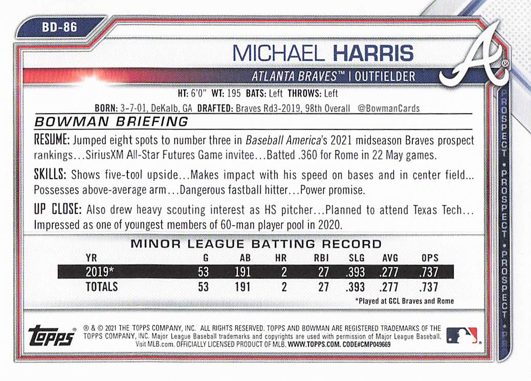 2021 Bowman Draft Baseball Michael Harris #BD-86