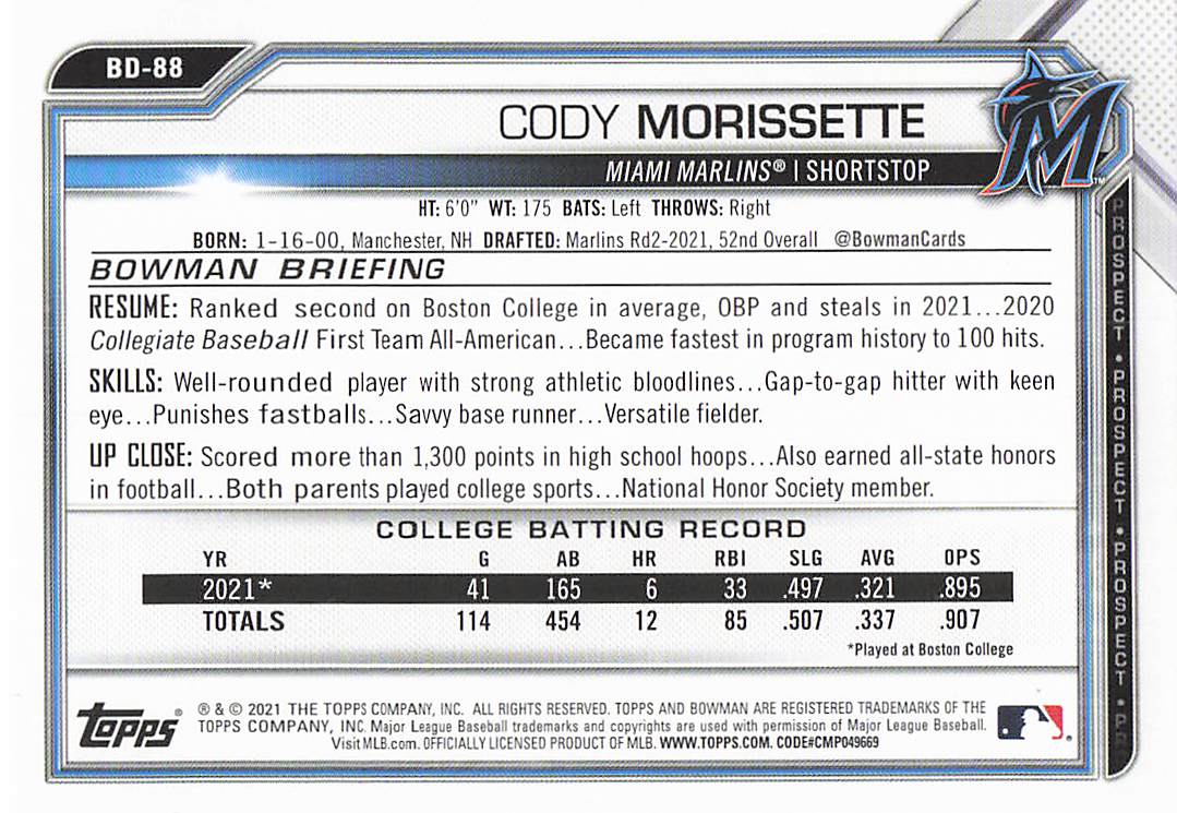 2021 Bowman Draft Baseball Cody Morissette #BD-88
