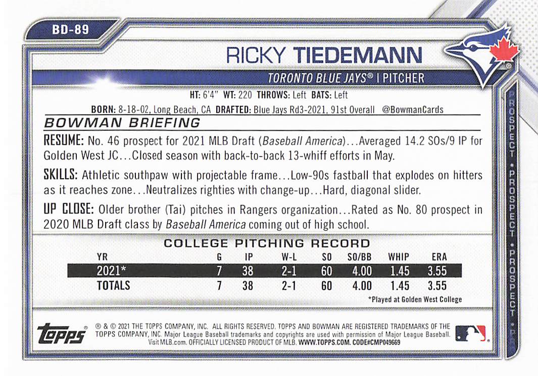 2021 Bowman Draft Baseball Ricky Tiedemann #BD-89