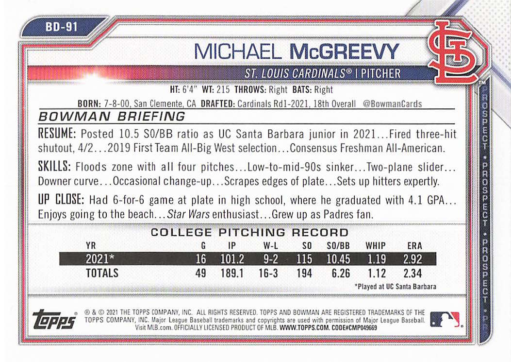 2021 Bowman Draft Baseball Michael McGreevy #BD-91