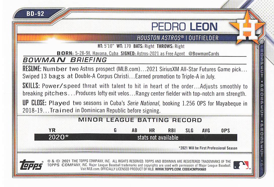 2021 Bowman Draft Baseball Pedro Leon #BD-92