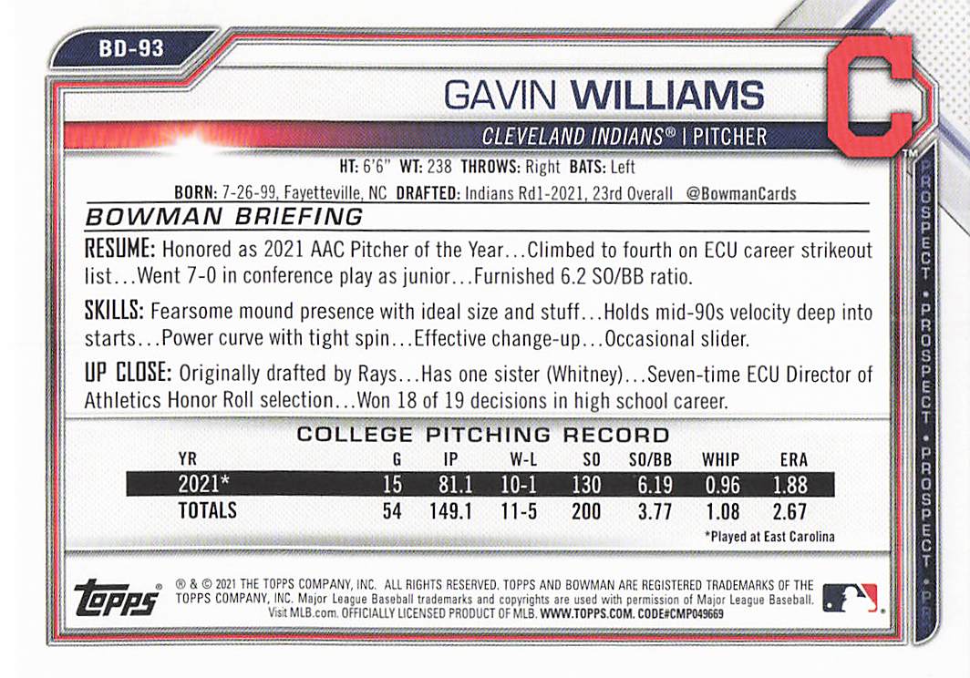 2021 Bowman Draft Baseball Gavin Williams #BD-93