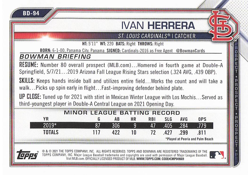 2021 Bowman Draft Baseball Ivan Herrera #BD-94