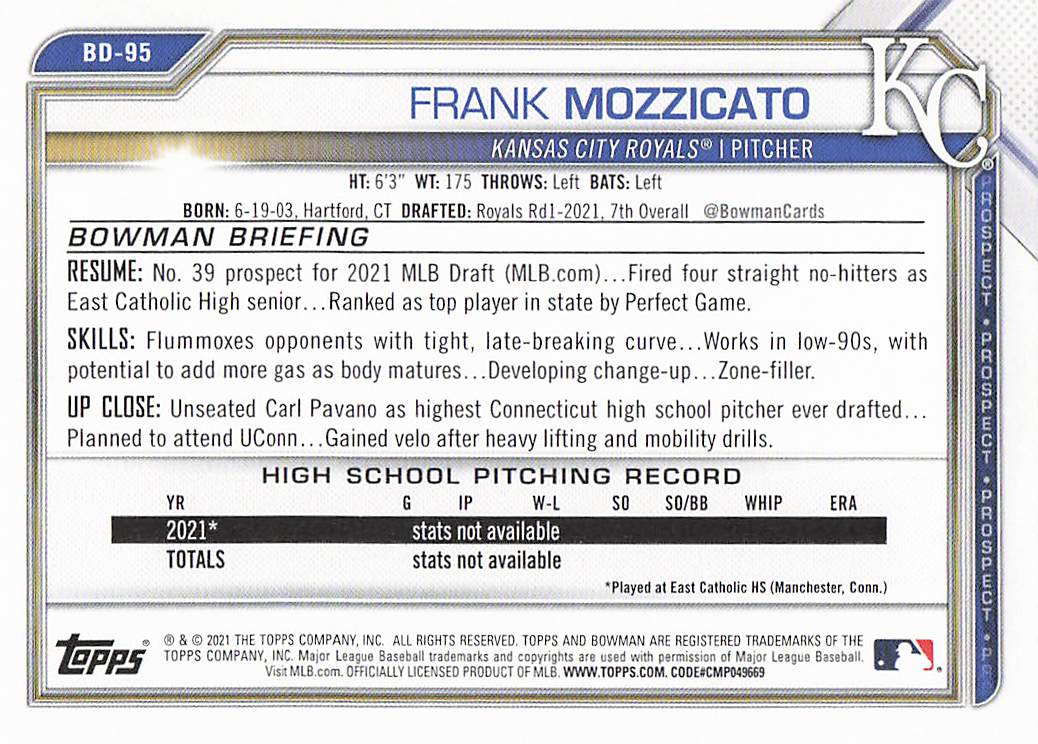 2021 Bowman Draft Baseball Frank Mozzicato #BD-95