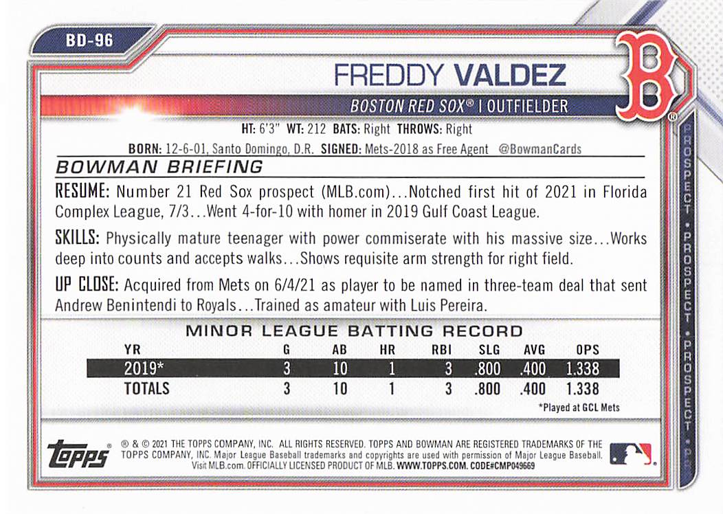 2021 Bowman Draft Baseball Freddy Valdez #BD-96