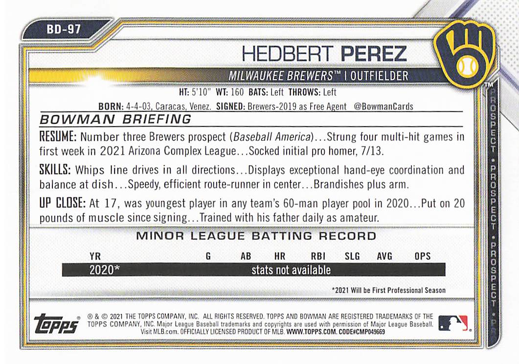 2021 Bowman Draft Baseball Hedbert Perez #BD-97