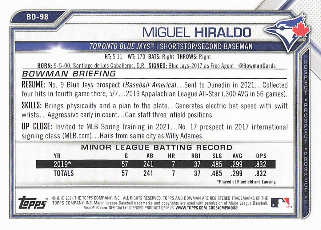 2021 Bowman Draft Baseball Miguel Hiraldo #BD-98
