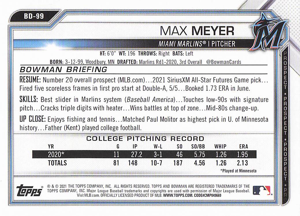 2021 Bowman Draft Baseball Max Meyer #BD-99