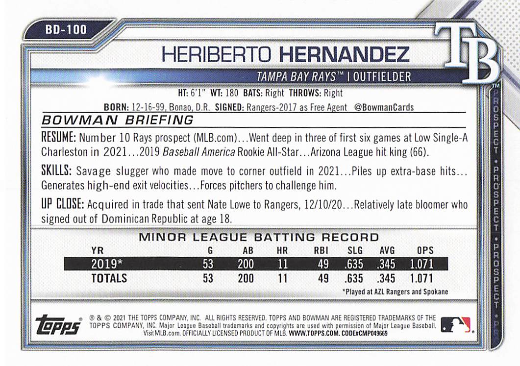 2021 Bowman Draft Baseball Heriberto Hernandez #BD-100