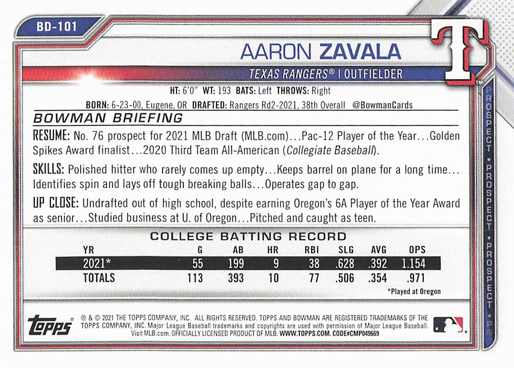 2021 Bowman Draft Baseball Aaron Zavala #BD-101