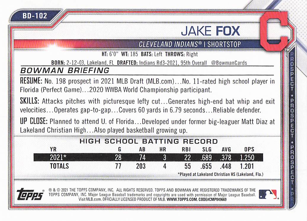 2021 Bowman Draft Baseball Jake Fox #BD-102