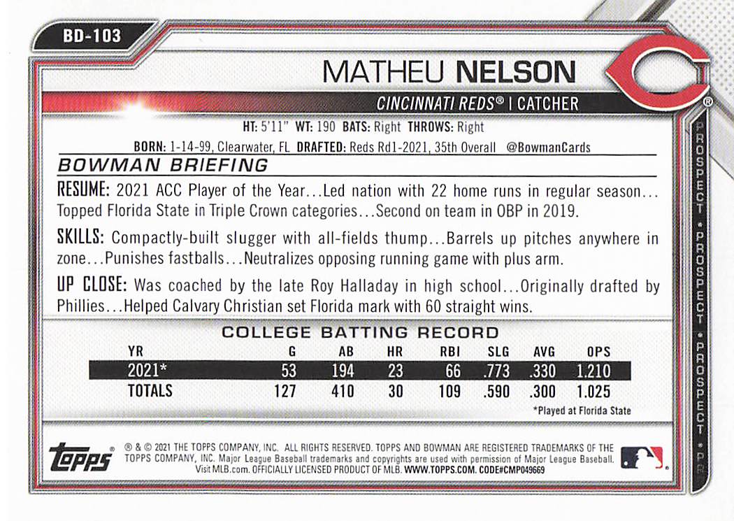 2021 Bowman Draft Baseball Matheu Nelson #BD-103