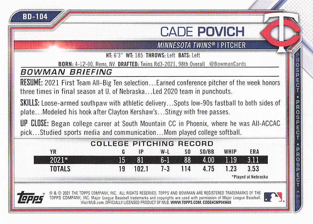 2021 Bowman Draft Baseball Cade Povich #BD-104