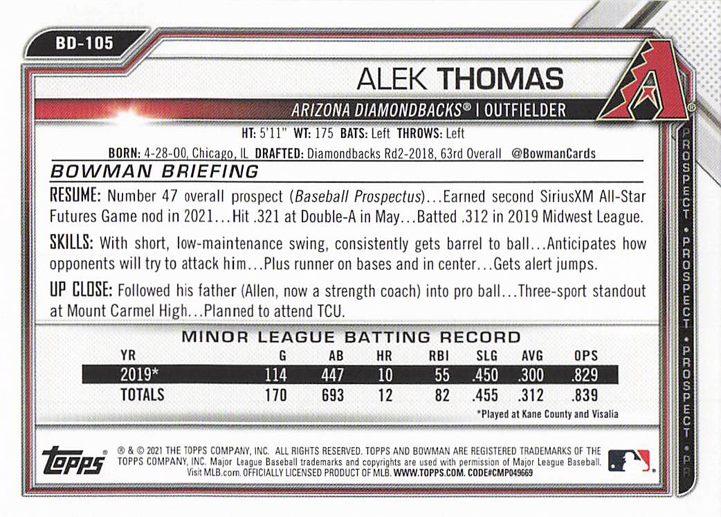 2021 Bowman Draft Baseball Alek Thomas #BD-105