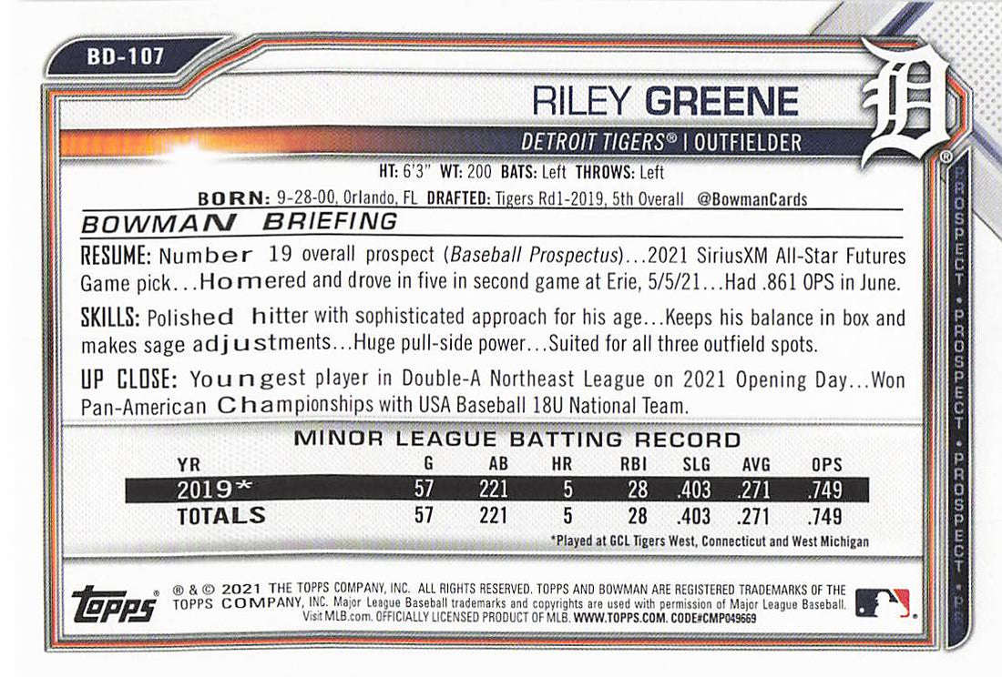 2021 Bowman Draft Baseball Riley Greene #BD-107