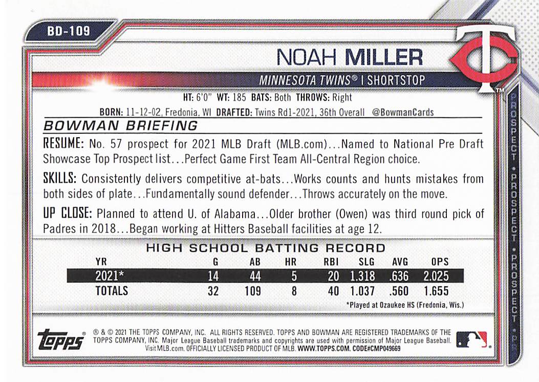2021 Bowman Draft Baseball Noah Miller #BD-109