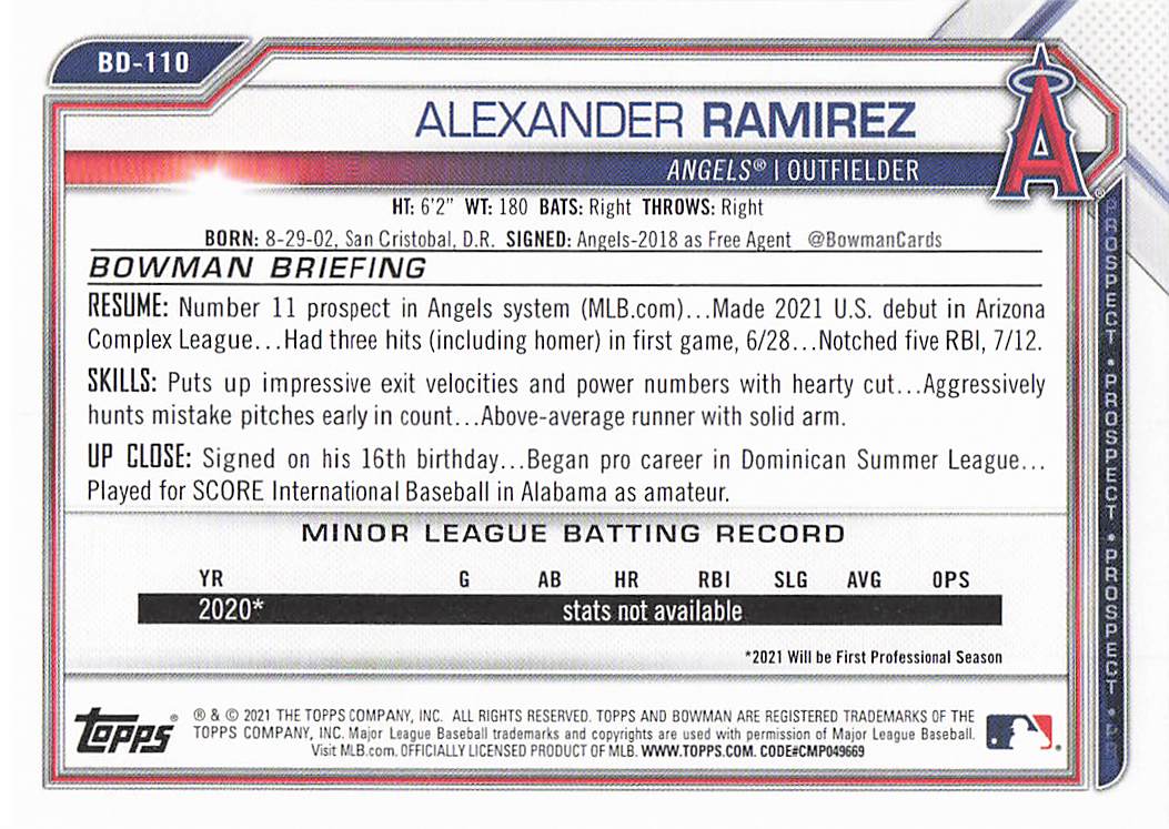 2021 Bowman Draft Baseball Alexander Ramirez #BD-110