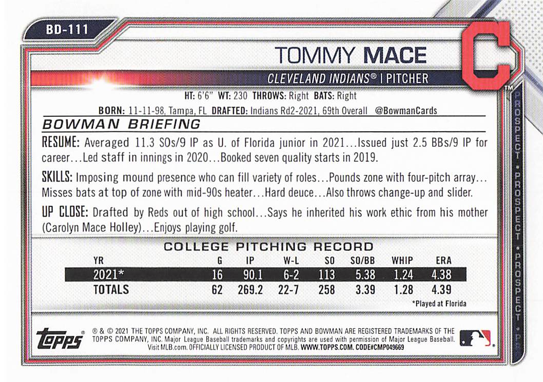 2021 Bowman Draft Baseball Tommy Mace #BD-111