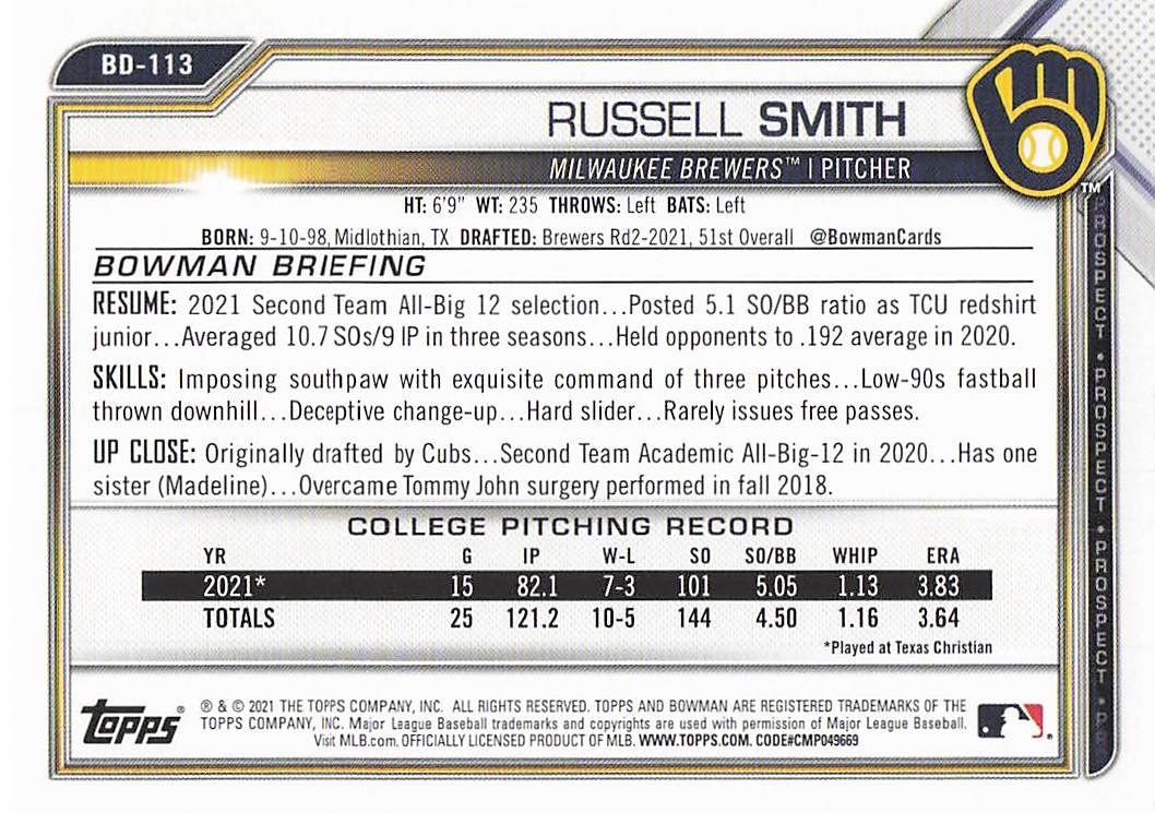 2021 Bowman Draft Baseball Russell Smith #BD-113