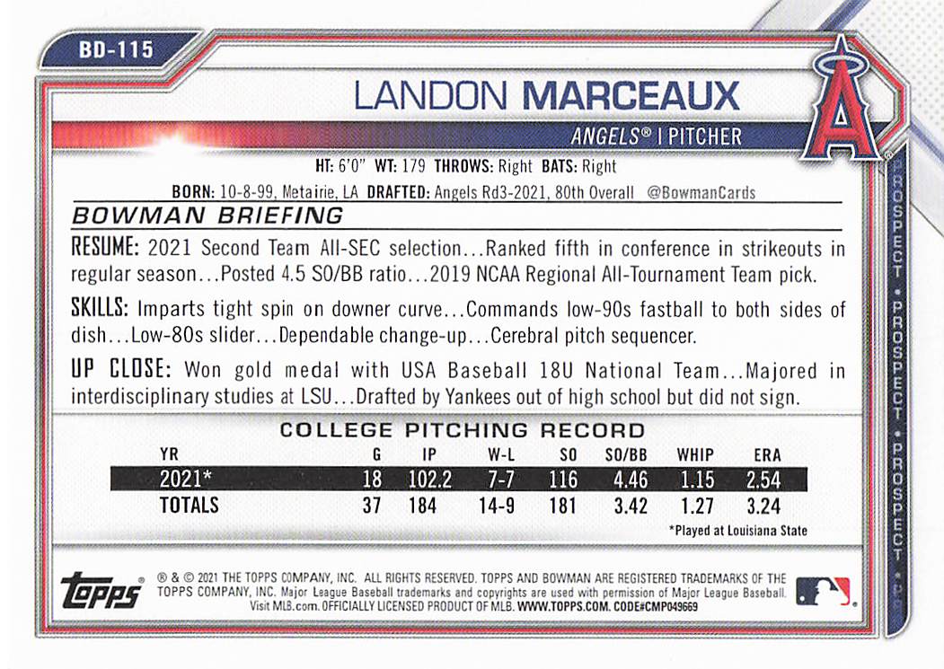 2021 Bowman Draft Baseball Landon Marceaux #BD-115
