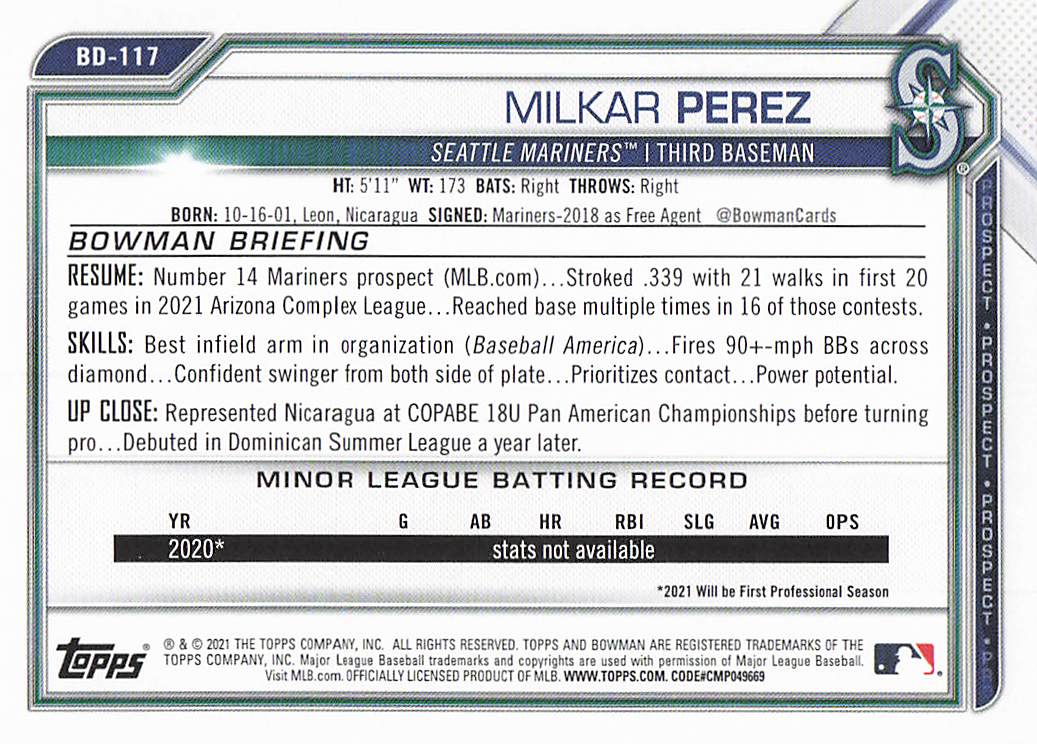 2021 Bowman Draft Baseball Milkar Perez #BD-117