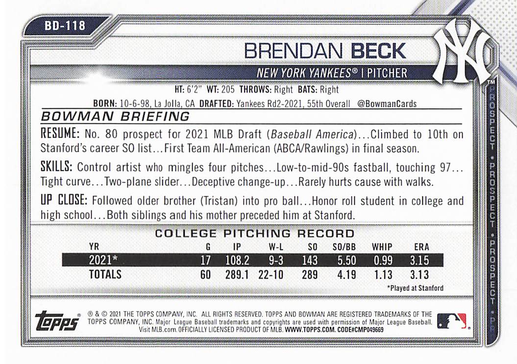2021 Bowman Draft Baseball Brendan Beck #BD-118