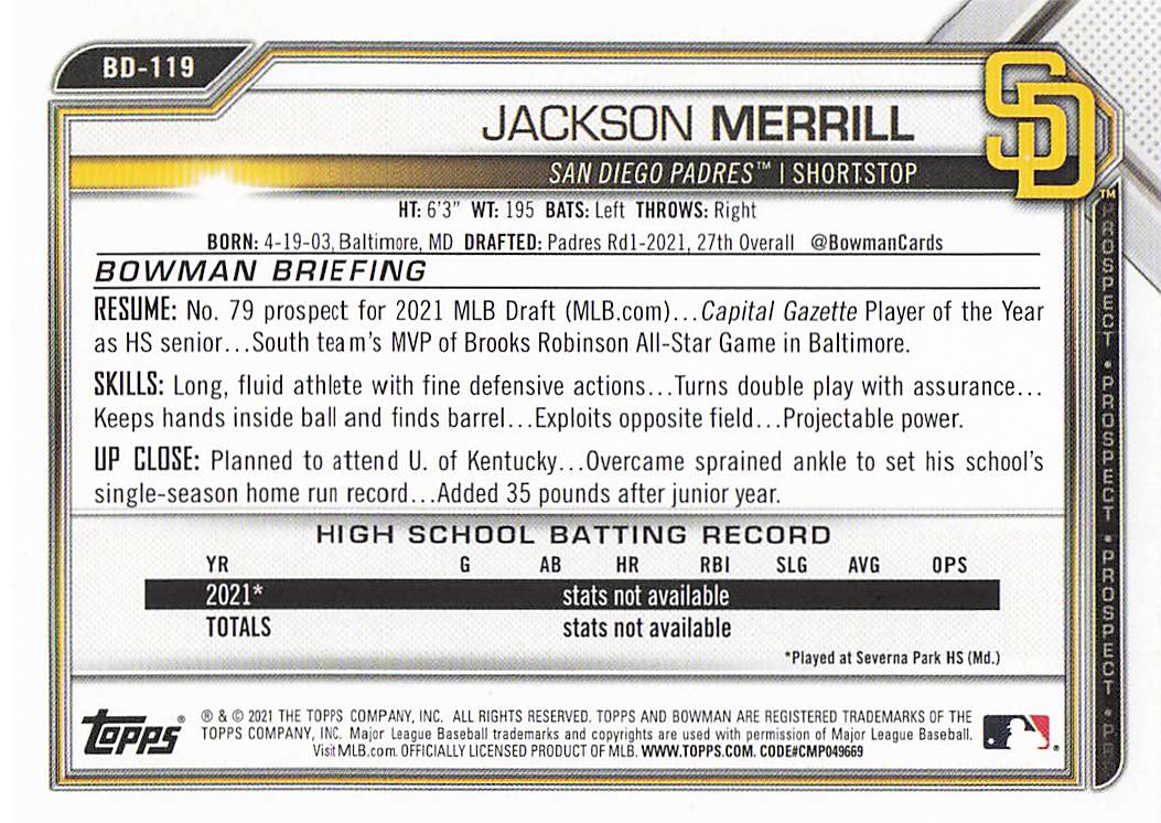 2021 Bowman Draft Baseball Jackson Merrill #BD-119