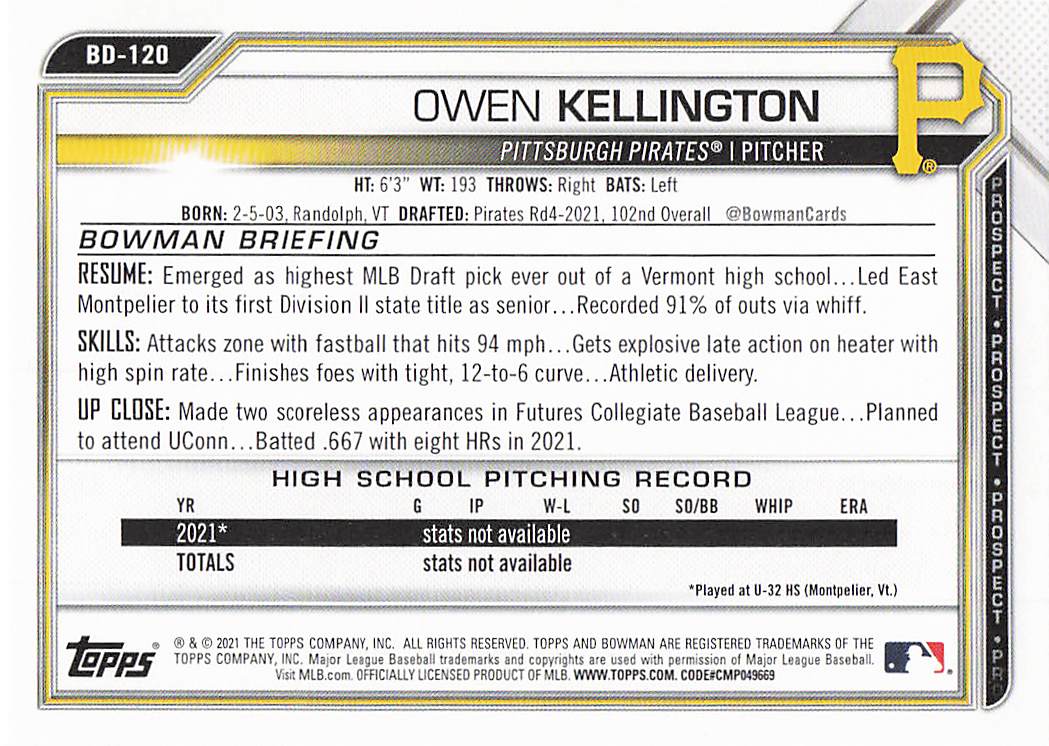 2021 Bowman Draft Baseball Owen Kellington #BD-120