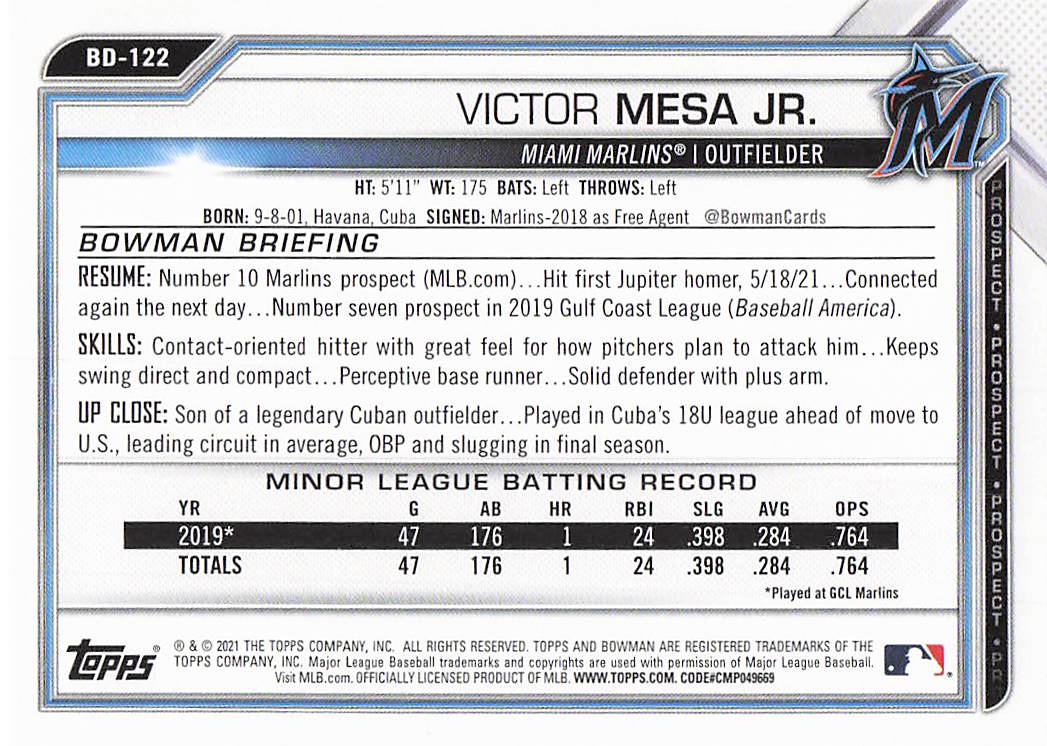 2021 Bowman Draft Baseball Victor Mesa Jr. #BD-122