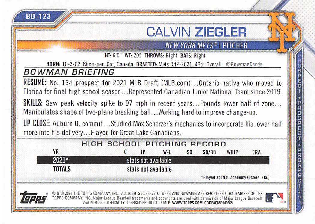 2021 Bowman Draft Baseball Calvin Ziegler #BD-123
