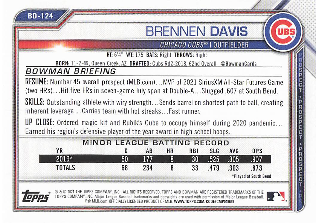2021 Bowman Draft Baseball Brennen Davis #BD-124