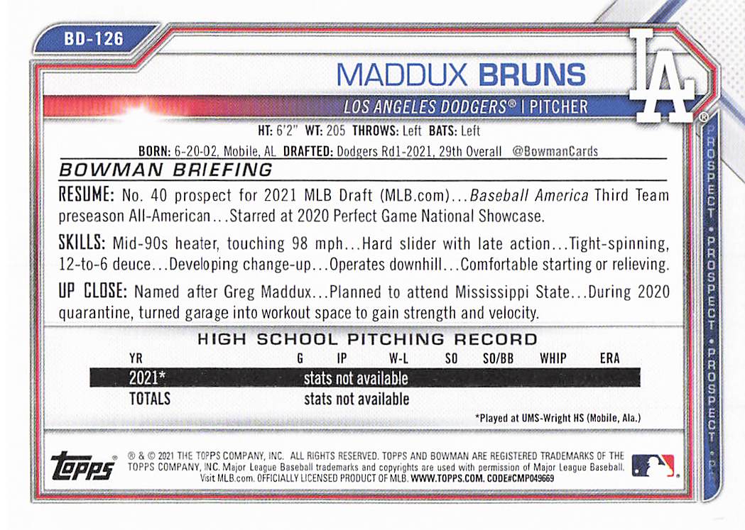 2021 Bowman Draft Baseball Maddux Bruns #BD-126