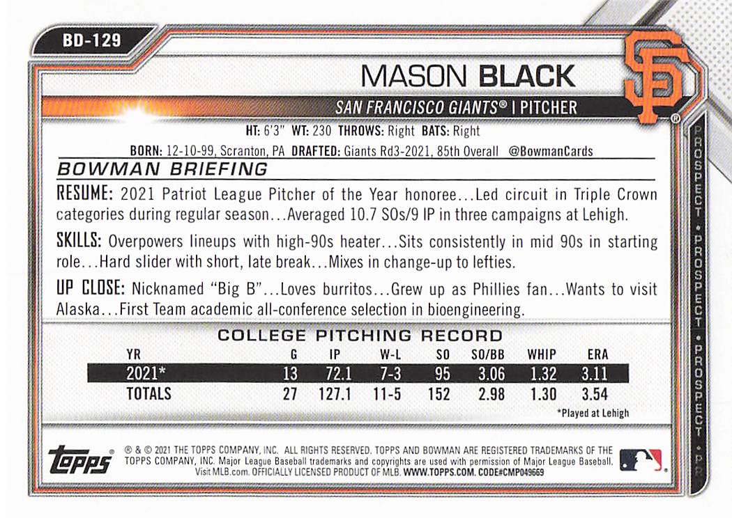 2021 Bowman Draft Baseball Mason Black #BD-129