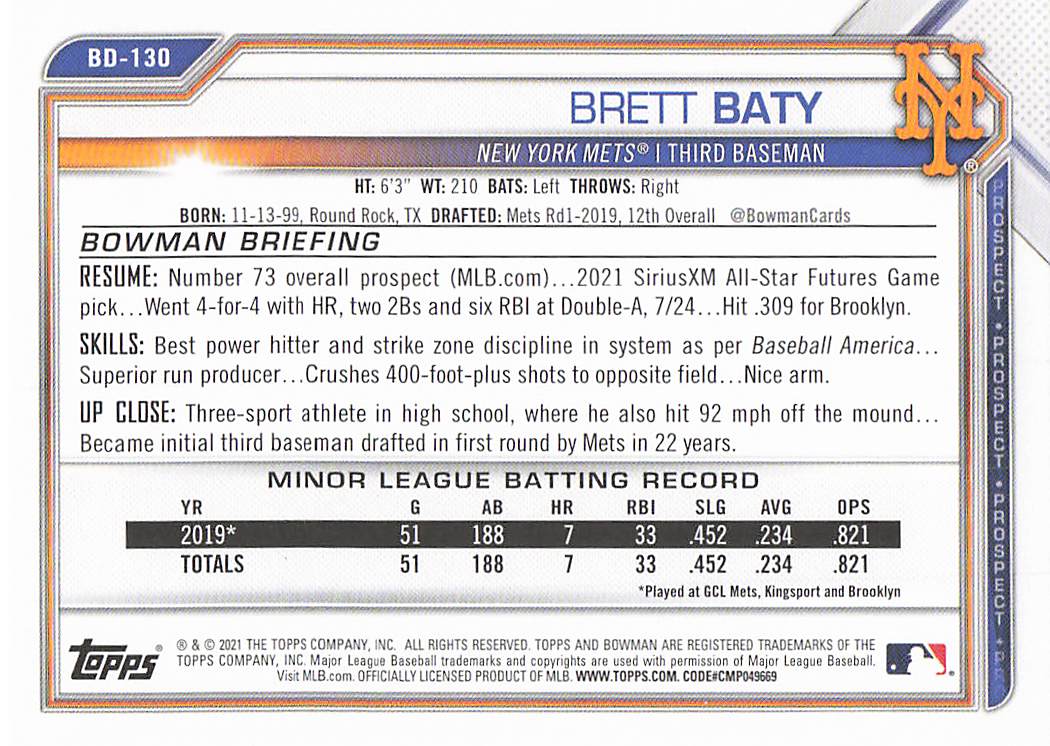 2021 Bowman Draft Baseball Brett Baty #BD-130